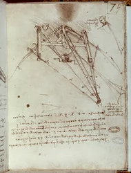 Tekening van een vliegmachine. Manuscript van Leonardo da Vinci