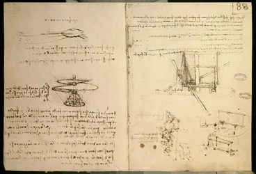 Vliegmachines, een van de eerste tekeningen van een helikopterachtige vliegmachine, ca. 1487