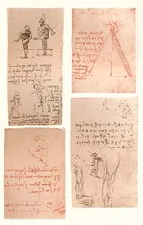 Vier tekeningen die de theorie van de bewegingen van het menselijk figuur illustreren