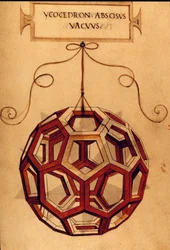 Geometrie: "Een Icosaëder" Pagina uit het manuscript "De divina proportione" (Over goddelijke verhoudingen) door wiskundige Fra Luca Pacioli, geïllustreerd door Leonardo da Vinci. 1509.