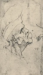 Karikatuur van een man met een hoed naar rechts, ca. 1480