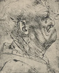 Karikatuur van een man naar rechts, ca. 1480