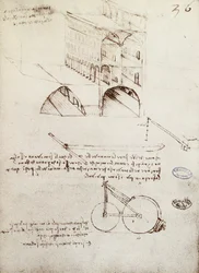 Manuscript B, f 36 r Architecturale studies, ontwikkeling en secties van gebouwen in stad met verhoogde straten