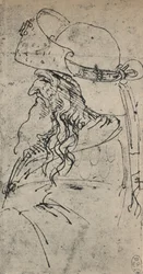 Profiel naar links van een oude man met een grote hoed, ca. 1480