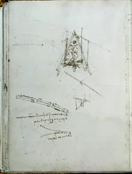 Wetenschap en technologie: manuscript over vliegmachines, voorloper van de helikopter. Boek van Leonardo da Vinci (1452-1519). Rond 1487. Parijs, Bibliotheek van het Institut de France