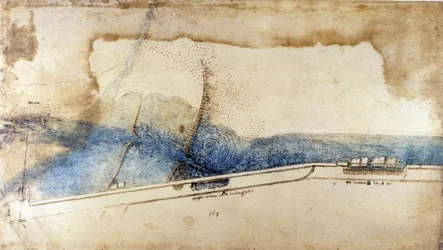 Studie voor de exploitatie van waterkracht in hydraulische machines (noria) door Leonardo da Vinci. Tekening met pen en inkt