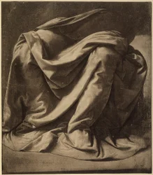 Studie voor de mantel van de Maagd in de Annunciatie die tegenwoordig in de Uffizi wordt bewaard; aquarel en zwart, met wit gehoogd, op zeer fijn doek, door Leonardo da Vinci. Het Louvre, Parijs