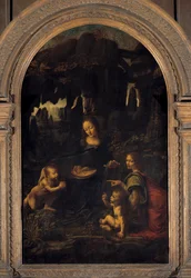 De Maagd, het Kind Jezus, Sint Johannes de Doper en een Engel of "De Maagd met de Rotsen" schilderij door Leonardo da Vinci (1452-1519) 16e eeuw Dim. 1,99x1,22 m