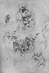 Twee studies van de Madonna en Kind met een Kat en Drie Studies van het Kind, 1475-1481, 1945