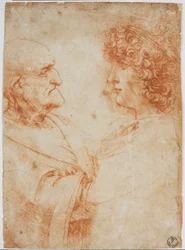 Twee mannelijke profielen, een oude man en een jonge man - De jonge man vertegenwoordigt Gian Giacomo Caprotti genaamd Andrea Salai of Salaij (circa 1480-1524), leerling en geliefde van Leonardo da Vinci - Tekening a la sanguine door Leonardo da Vinci (Leo