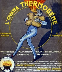 Advertentie voor thermogene watten tegen verkoudheid, inwendige pijnen, reuma, hoest, neuralgie en spit (tekening door L. Cappiello, Italië, 20e eeuw)