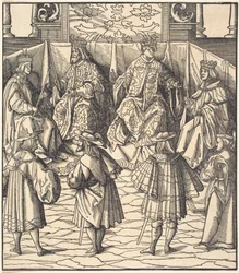 Vergadering van vier koningen, op de voorgrond vier mannen