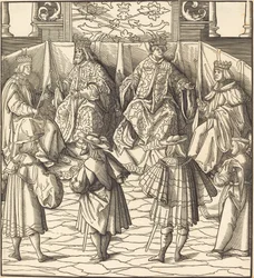 Vergadering van vier koningen, op de voorgrond vier mannen