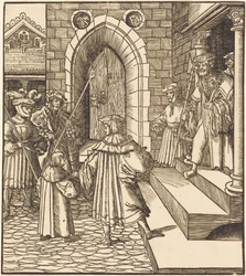 Drie mannen en een jongen in de binnenplaats van een kasteel, rechts drie mannen op een trap