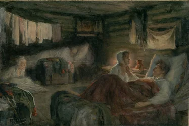 Natasja en de gewonde prins Andrej in Mytisjtsji. Illustratie voor de roman Oorlog en vrede, 1893