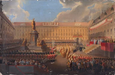 Onthulling van het monument voor keizer Frans I van Oostenrijk op 19 juni 1846 op het Weense Franzensplatz