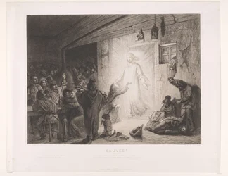 Christus verschijnt in een herberg, een jonge vrouw knielt voor hem neer