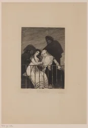 Twee vrouwen met daarachter twee mannen in de schaduw; Les majas au balcon (title on object)