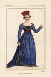 Marie de Fayel, gravin van Dammartin, vrouw van Renaud de Nanteuil, heer van Acy en zus van Jean de Fayel. Handgekleurde lithografie naar een miniatuur in het manuscript Histoire du Comte Gerard de Nevers in Roger de Gaignieres