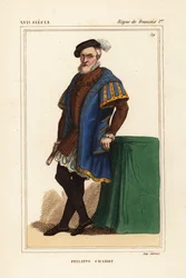 Philippe Chabot, Heer van Brion, Graaf van Charny, Admiraal de Brion, Franse admiraal, d. 1543. Handgekleurde lithografie naar een portret in Roger de Gaignieres