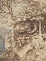 Jagers in een uitkijkpunt op een berg, ca. 1870