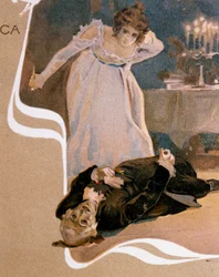Ansichtkaart geïllustreerd door Leopoldo Metlicovitz met scènes uit Tosca, opera van Giacomo Puccini