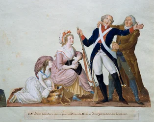 Een vrijwilliger die naar het leger vertrekt omringt zijn vader, moeder en zus Gouache van de gebroeders Lesueur (18e eeuw) 18e eeuw. Parijs. Carnavalet Museum