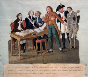 Eisende jonge mannen voor de Vendee Oorlog (een vader toont zijn zoon die niet in staat is om te dienen en neemt zijn plaats in). Gravure door de gebroeders Lesueur (18e eeuw). Parijs, Musee Carnavalet