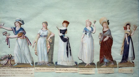 Verschillende jonge vrouwen die vrouwelijke mode tijdens de Revolutie vertegenwoordigen