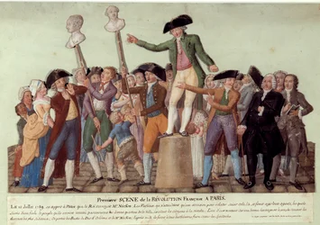 Eerste scène van de Franse revolutie in Parijs: op 12/07/1789, na het ontslag van koning Jacques Necker, riep Camille Desmoulins de menigte op tot opstand tegen de regering bij het Palais Royal. De bustes van Jacques Necker en Louis Phil