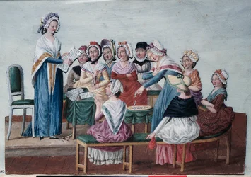 Franse Revolutie (1789): Patriottische vrouwenclub tijdens de Revolutie. Schilderij van de gebroeders Lesueur (18e eeuw). Parijs, Musée Carnavalet.