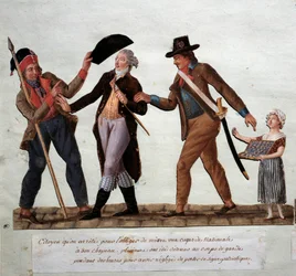 Franse Revolutie: ‘Een burger wordt tegengehouden om hem te dwingen een nationale kokarde op zijn hoed te zetten’. 18e eeuw. Musée Carnavalet, Parijs