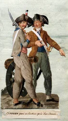 Franse Revolutie: burger poseert bij een kanon. Gouache van de gebroeders Lesueur. 18e eeuw. Musée Carnavalet, Parijs