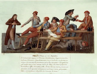 Franse Revolutie van 1789: „Een gevangenisrechtbank op 2 en 3 september”. Satirische voorstelling van een revolutionaire rechtbank, waarvan de leden geen rechtsbevoegdheid hebben en zaken beoordelen terwijl ze wijn drinken en roken. Gouache van de