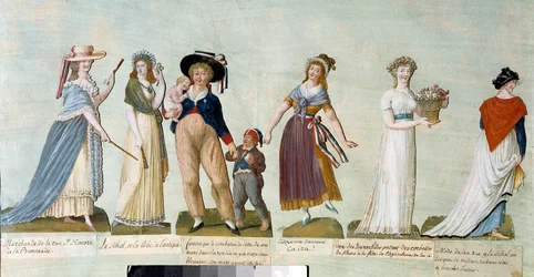 Franse Revolutie van 1789: damesmode in het revolutionaire tijdperk (revolutionaire vrouw). Gouache van de gebroeders Lesueur (achttiende eeuw). Parijs, Musée Carnavalet.