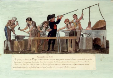 Franse Revolutie van 1789: fabricage van geweren De verschillende stadia van de fabricage van wapens door smeden. Gouache van de gebroeders Lesueur