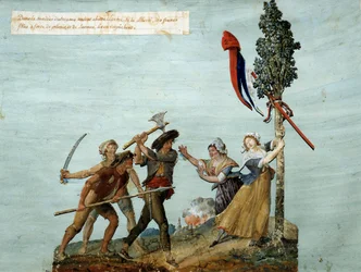 Franse Revolutie: Rovers proberen de boom van de Vrijheid om te hakken, jonge meisjes in tranen stoppen hen. Dit is een episode van de Vendee-oorlogen die in 1793 talrijke contrarevolutionaire opstanden zagen. Gouache van de gebroeders Lesueur. 1793. Musee