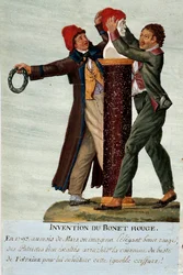 Franse Revolutie: «De uitvinding van de rode muts» - twee revolutionairen nemen de kroon van de buste van Voltaire weg en vervangen die door een Frygische muts. Gouache van de gebroeders Lesueur (18e eeuw). Musée Carnavalet, Parijs