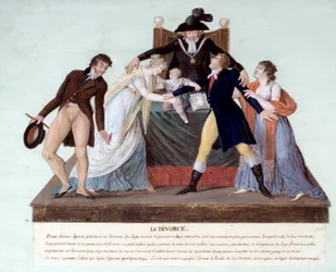 Republikeinse echtscheiding: een verzoeningsscène ten tijde van de Franse Revolutie tussen twee echtgenoten die op het punt staan te scheiden; de overspelige echtgenoot wijst zijn minnares af terwijl de vrouw hun kind omhelst. 18e eeuw. Gouache van de