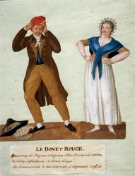 De rode hoed. Een man draagt de Frygische muts ten tijde van de Revolutie van 1789. Gouache van de gebroeders Lesueur. 18e eeuw. Musée Carnavalet, Parijs
