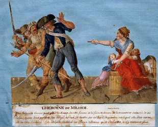 Oorlog van Vendee: de heldin van Milhier. Een jonge vrouw dreigt twee plunderaars op te blazen met een vat buskruit als ze durven vooruit te gaan. Gouache des freres Lesueur (18e eeuw) Musee Carnavalet, Parijs