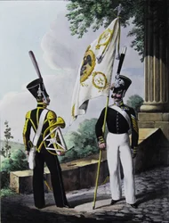 Porte-epee-Praporshchik en hoornist van het Garde Garnizoen Bataljon, 1829