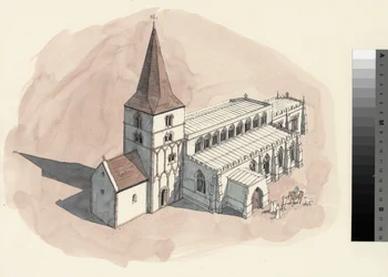 Reconstructietekening van de Sint-Pieterskerk in de 15e eeuw (aquarel op papier)
