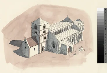 Reconstructietekening van de Sint-Pieterskerk tijdens de 18e eeuw (aquarel op papier)