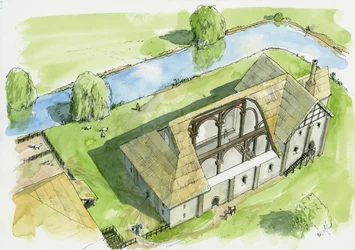 Reconstructie van kasteel Weeting (aquarel op papier)