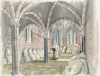 Reconstructie van de kapittelzaal van de abdij van Shap rond 1530 (aquarel op papier)