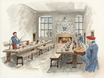 Reconstructie van de Grote Zaal van Hardwick Old Hall in 1601 (aquarel op papier)