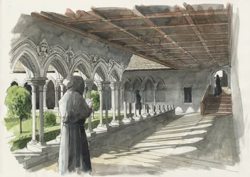Reconstructie van het klooster van de Priorij van Lanercost (aquarel op papier)