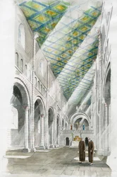 Reconstructie van het interieur van de kerk van Old Sarum (aquarel op papier)