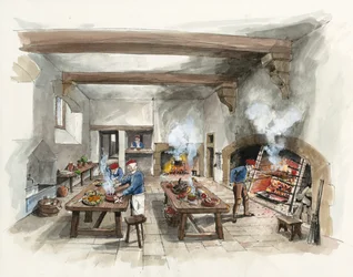 Reconstructie van de keuken van Hardwick Old Hall in 1601 (aquarel op papier)